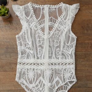 White Lace Embroidered Bodysuit